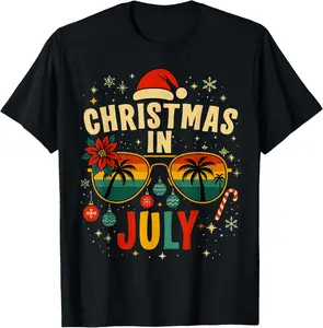 Cotton Short Sleeve Shirt, Christmas In July Sunglasses Beach Santa Hat Men Women T-Shirt Adult size Streetwear,Menswear Casual Summer Tee,Fashion Gift