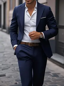 Men'S 2pcs Suit Set - Formal Business Attire with Jacket & Trousers, Slim Fit Non-Stretch Fabric, Button-Up Lapel Collar, Long Sleeve, Solid Color, All-season Wedding Party Wear, Business Attire, Workwear, Sleek Design, Stylish Men