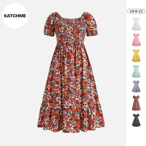 【Plus Size】KatchMe Women's Airy Allover Floral Print Scoop Neck Short Sleeve Pleated Maxi Dress, Summer Blossom Dress, Elegant Women's Clothing for Beach