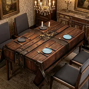 1 piece retro wooden treasure chest pattern printed square tablecloth, washable square table cover suitable for kitchen banquets, picnics, birthdays, parties, home decoration