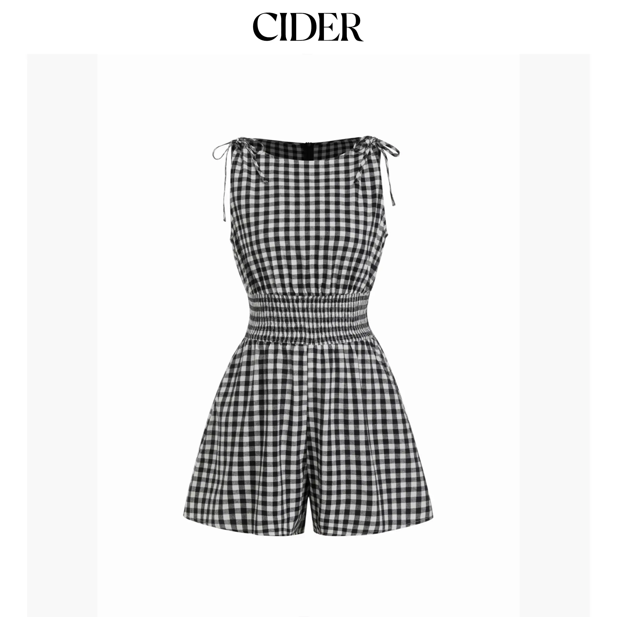Cider Cotton-blend Gingham Boat Neck Tie Shoulder Shirred Mid Rise Romper