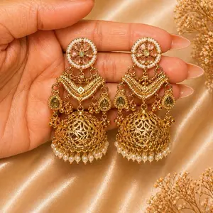 Kashmiri Earrings with Pink Stones and Gold Accents Traditional Indian Jewelry