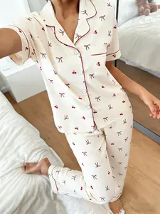 Women's Short Sleeve Long Pants Cardigan Sleepwear Set, Cherry & Bow Full Print, Soft Breathable Casual Home Wear