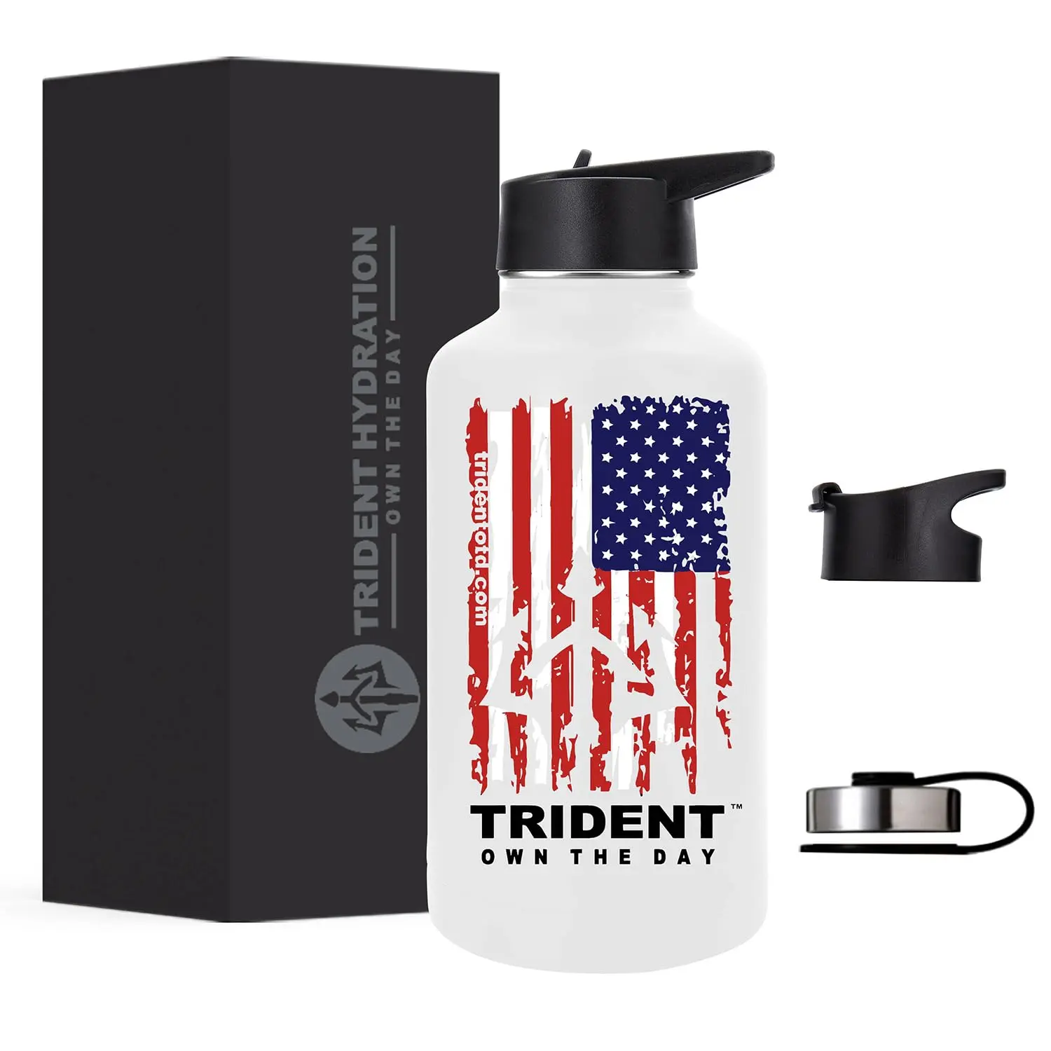 TRIDENT OWN THE DAY American Flag Insulated Water Bottle - Thermo Lock | Elite Performance | Leak-Proof | BPA-Free| No Sweat Coating (White, 64 Oz)