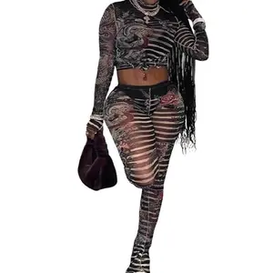 Digital 3D Printed Skinny Cropped See-Through Pants Set