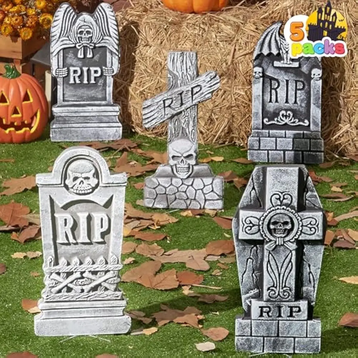 17 Halloween Foam RIP Graveyard Tombstones (5 Pack), Halloween Tombstones Decorations Outdoor for Graves with 12 Metal Stakes for Cemetery Yard Lawn Party Decor