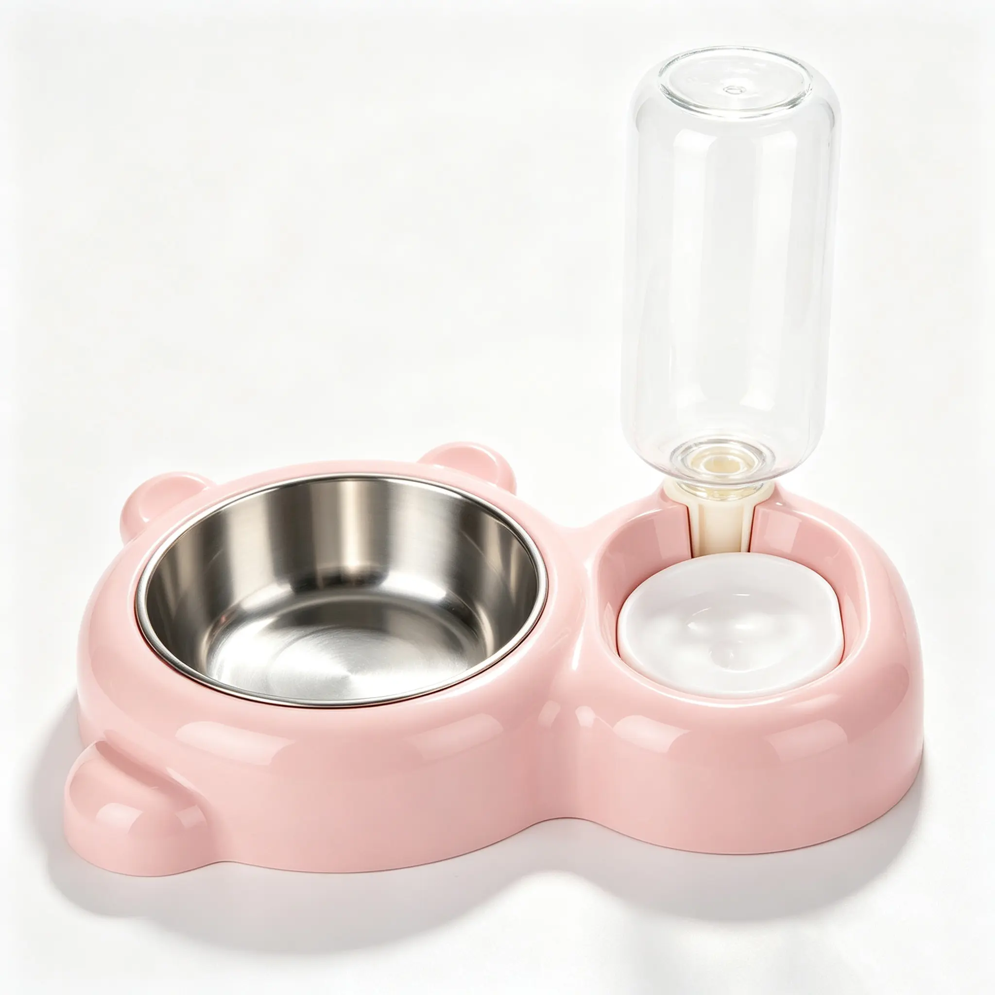2 in 1 Bear Shape Pet Food Water Bowl, No Wet Mouth Splash Proof Pet Feeder with Gravity Water Dispenser, Stainless Steel Dog Cat Feeding Bowl, Anti-Spill Dual Pet Bowl for Kitten Puppy