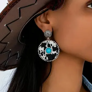 Pair of Bold Vintage-Inspired Western Cowboy Turquoise & Leopard Print Dangle Earrings - Zinc Alloy with Stainless Steel Posts, Ideal for Daily Wear or Gifting, Boho-Chic Style, Western Earrings