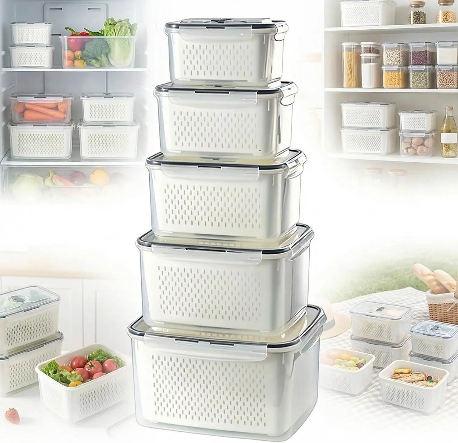 Produce Storage Containers Set with Drain Basket & Lid - Space-Efficient Fridge Organization Bins, Stackable Bins for Fruit & Vegetable, Berry Container, Lettuce Storage Box, Freshness Preservation, Easy Stacking, Fruit & Vegetable Storage