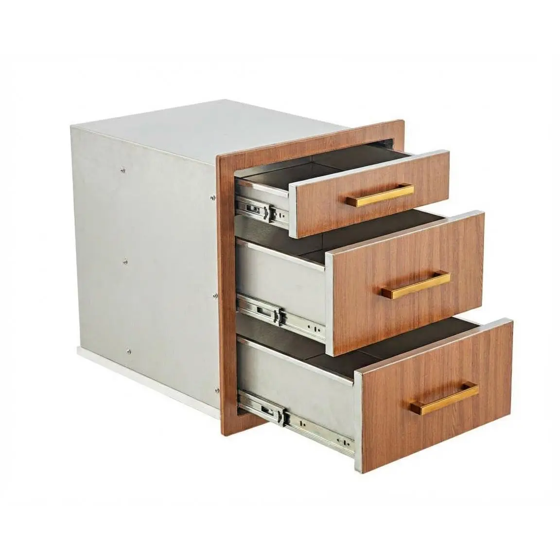 Outdoor Kitchen Drawers 17.7W x 20.5H x 20.5D Flush Mount Triple Drawer Storage Cabinet, Stainless Steel Weatherproof Ergonomic Handles for BBQ Island Patio Grill, Brown Grain
