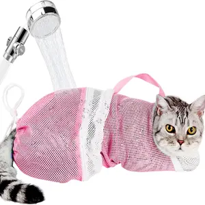 Adjustable Cat Bath Bag, Anti-Bite and Scratch Cat Grooming Net Bag, Breathable Mesh Cat Beauty Bag for Shower, Nail Trimming, Injection