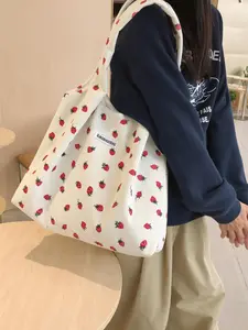 Strawberry Pattern Patched Design Tote Bag, Casual Corduroy Shoulder Bag, Fashionable Large Capacity Tote Bag for Women, Strawberry Themed Bag