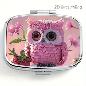 Owl Pattern Square Medicine Box, Two Compartment Pill Case, Mini Portable Travel Organizer, Vitamin Organizer, Multi-Functional Metal Storage Box