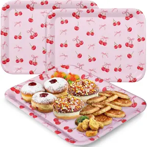 3 count Cherry Bow Serving Trays 13 x 10 Inch  Bow Cherry Melamine Platters  Rectangular Serving Dishes for  Wedding  Shower Birthday Party Sharing Snack Fruit Dessert