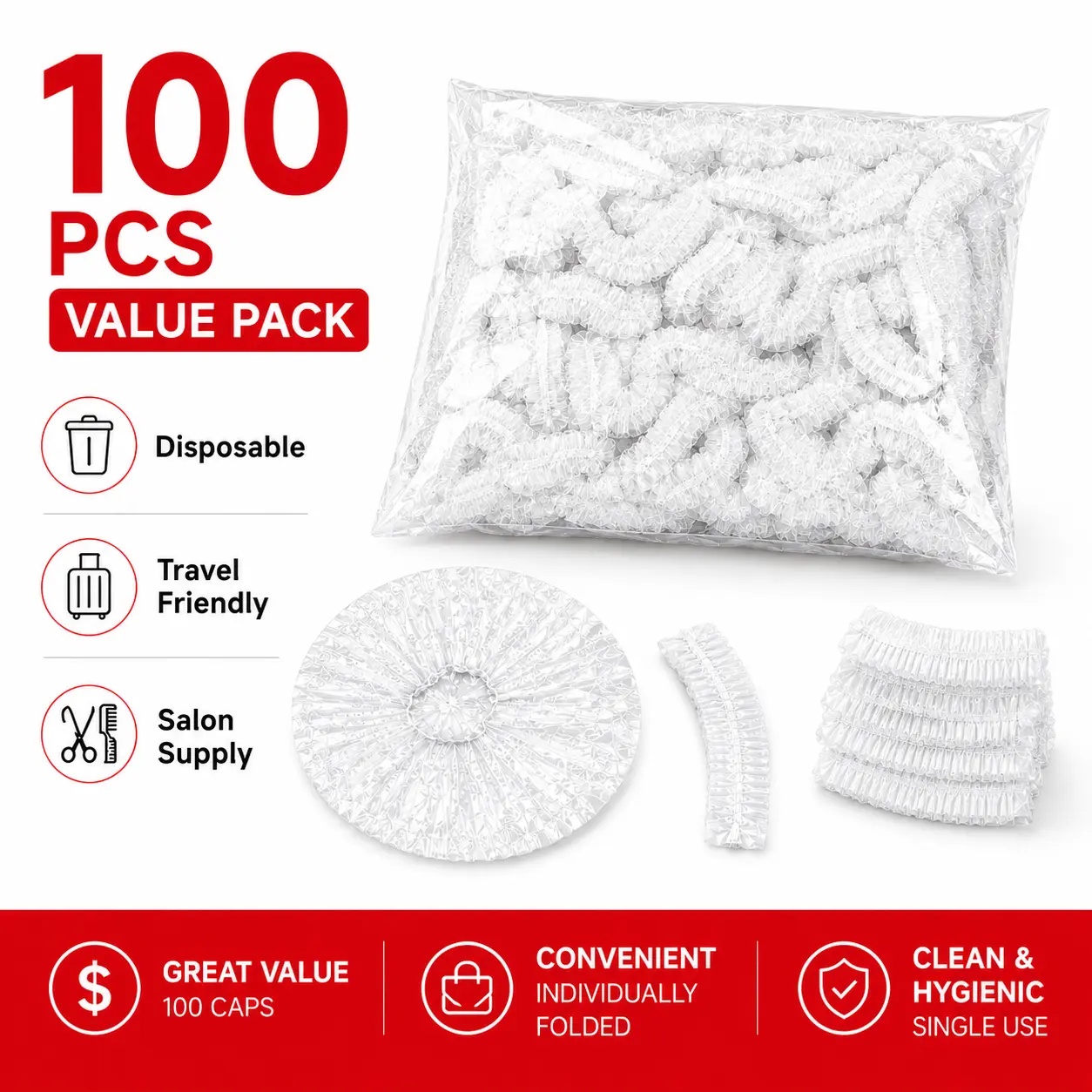100 PCS Disposable Thick Waterproof Plastic Shower Caps - Adult Hair Covers, Salon Protector, BeautyTok Essential for Bathing, Hair Dye, Home & Travel Party Supplies