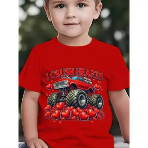Boys' Valentine's Day I Crush Hearts Truck & Heart Print T-Shirt - Short Sleeve Summer Top with Heart Stacks, Cute Casual Round Neck Tee for, Heart Proof Outfit NY-DX7508
