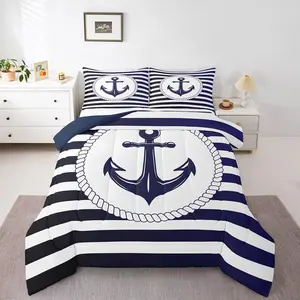 Nautical Comforter Set,Navy Anchor Bedding Set,Geometric Blue Stripes Comforter,Retro Sea Adventure Theme Soft Ocean Navigation Duvet Quilt