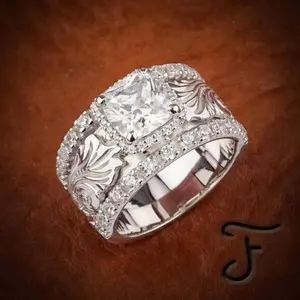 Women's Vintage Ethnic Carved Gemstone Ring, Wide Band Durable Alloy Statement Jewelry with Intricate Floral Design, Casual Attire Gift Idea FY1356801