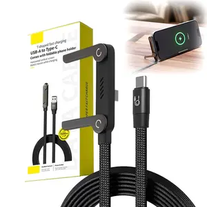 240W Braided Fast Charge Cable with Built-in Phone Stand, 2026 New T-Shaped Durable USB-C to USB-C Charger Cord, Charging Cord with Foldable Phone Holder (Black-1 Pack)