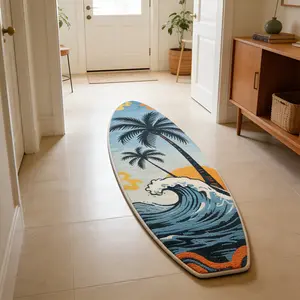 Surfboard shaped coconut grove wave shaped carpet, blue orange contrasting plush floor mat, bedroom bedside anti slip and wear-resistant foot mat, summer atmosphere decorative mat suitable for ins/vacation style home decoration