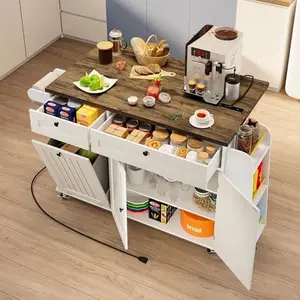 Loftiage 60.2'' Kitchen Island with Storage & Power Outlet, Rolling Kitchen Island on Wheels with Drop Leaf & Trash Can Storage, Island Table for Kitchen with 3 Spice Rack & Towel Rack, White