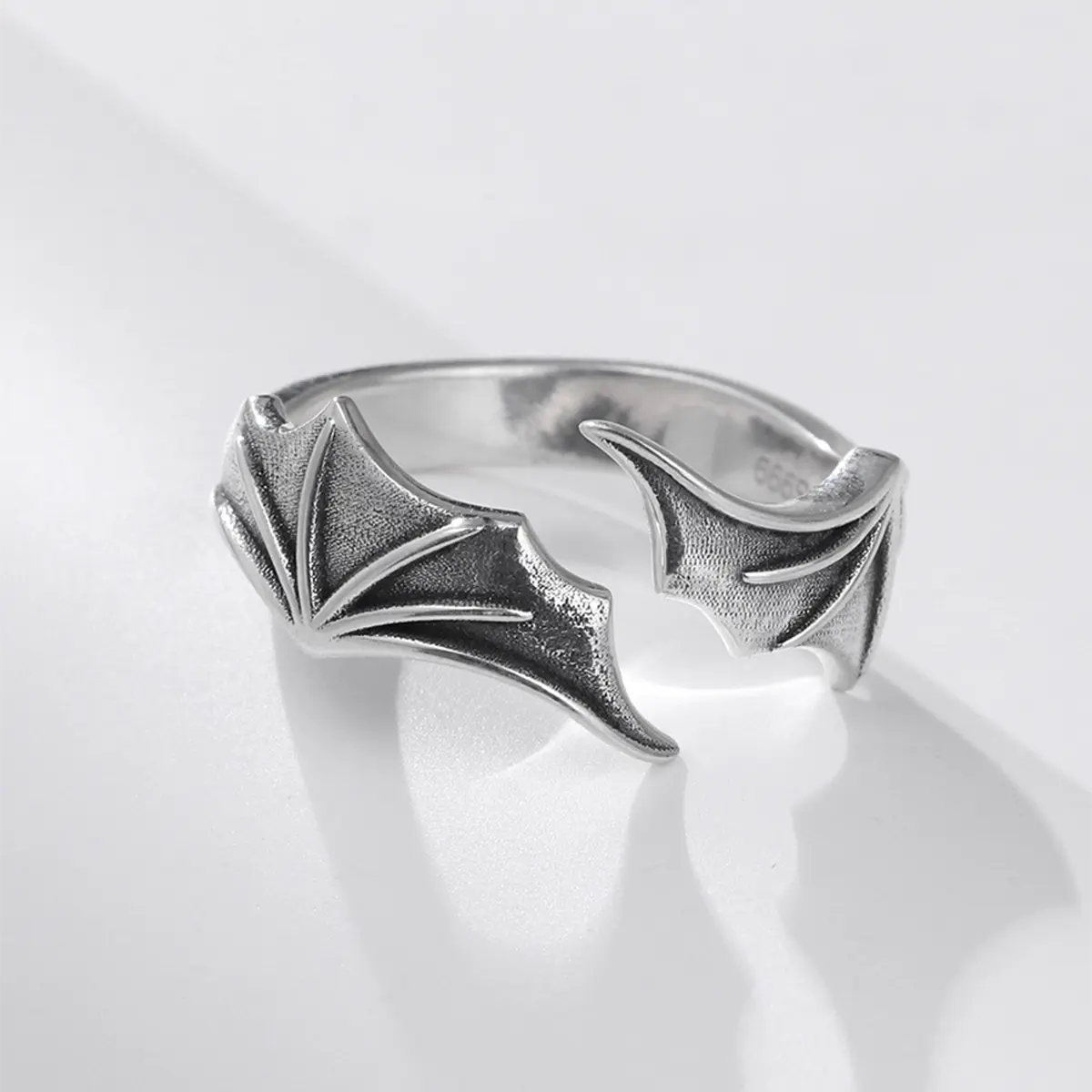 Vintage  Silver Angel Demon Wings Ring, Black Devil Batwings, Adjustable Black Cool Punk Goth, Halloween Jewelry Gift