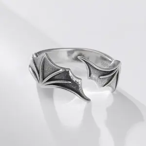 Vintage  Silver Angel Demon Wings Ring, Black Devil Batwings, Adjustable Black Cool Punk Goth, Halloween Jewelry Gift
