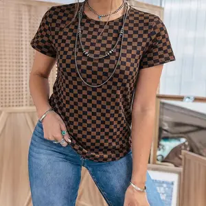 Women's Plaid Streetwear Shirts - Short-Sleeve Crew Neck Checkered Blouses, Casual Loose-Fit Vintage Summer Clothes, Ribbed T-Shirt Tops