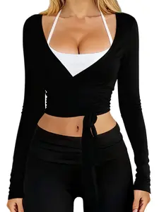 Danysu Ballet Wrap Tops Long Sleeve Cross Tie Crop Shirts for Women Deep V-Neck Dance Clothes Y2K Fall Cardigans