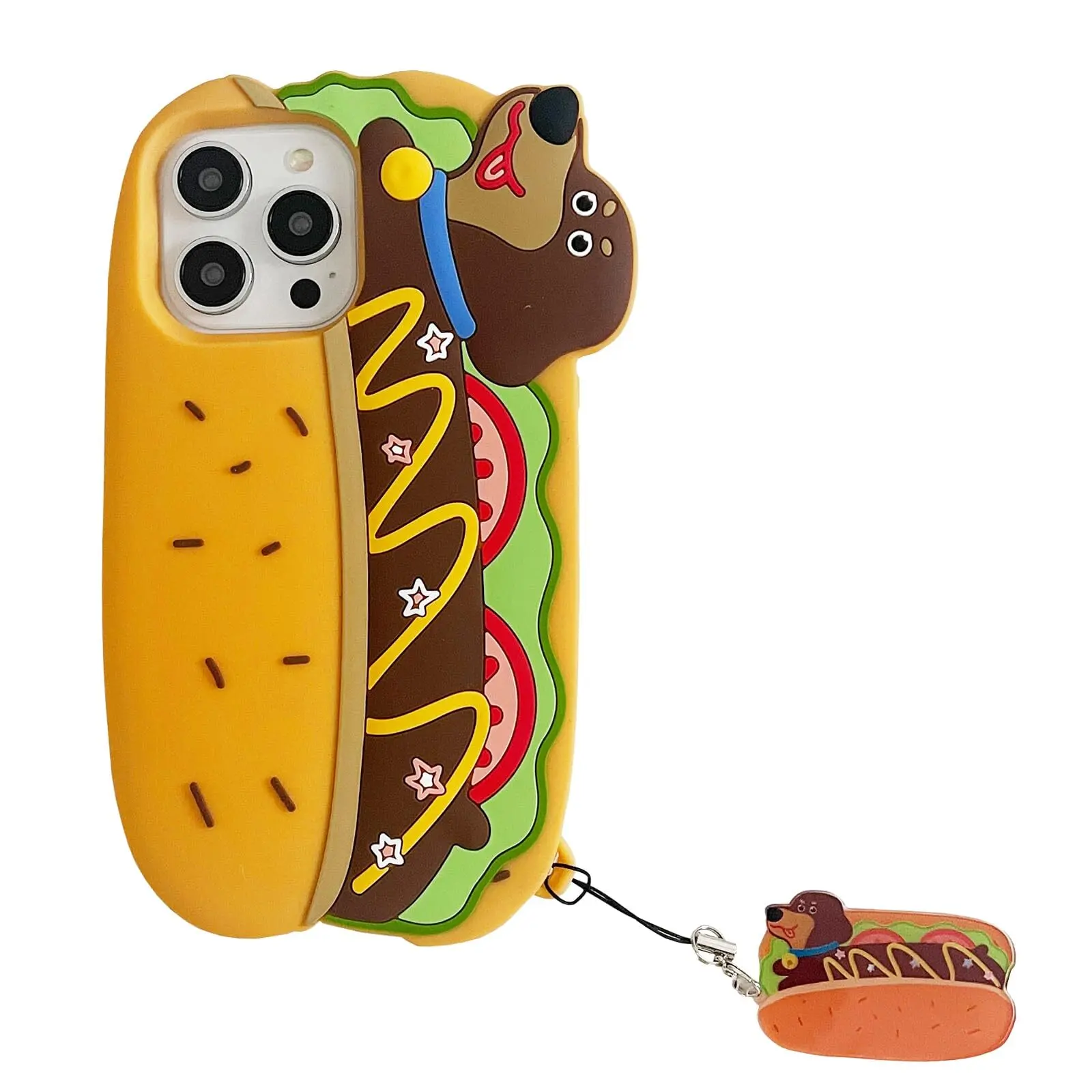 QoKcoahn Case for iPhone 16 Pro MaxFunny 3D Cartoon Food Hot Dog Cases with Keychain Cute Kawaii Phone Cases Soft Silicone Shockproof Protective Case Women Girls for iPhone 16 Pro Max