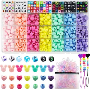 1605 Pcs Hair Beads for Braids for Girls with Elastic Rubber Band Threaders Kit, Candy Color Acrylic Mickey Heart Star Alphabet Cube Beads Pastel Pony