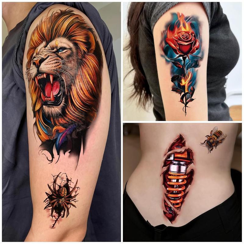 77 Sheets 3D Realistic Temporary Tattoos Adults Kids, Realistic Skull Tiger Wolf Lion Dragon Spider Snake Temporary Tattoos For Women Men, Half Arm 3D Halloween Temp Tattoos Look Real And Last Long