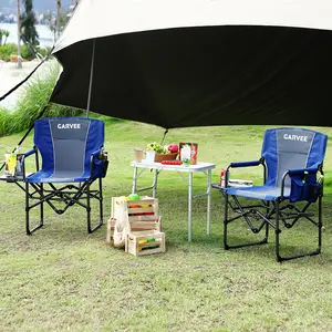 Oversized Folding Camping Director Chair for Adults, Heavy Duty 330 lbs Portable Outdoor Chair with Side Table & Beverage Holder, 2-Pack, Navy+Grey