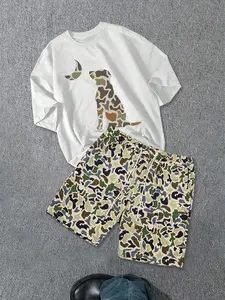 Two-Piece Set Men's Camo Print Crewneck Short Sleeve Tee & Shorts, Regular Fit Casual Fashion Cozy Breathable T-shirt & Shorts for Daily Outdoor Wear, Men Clothes for Summer, Round Neck