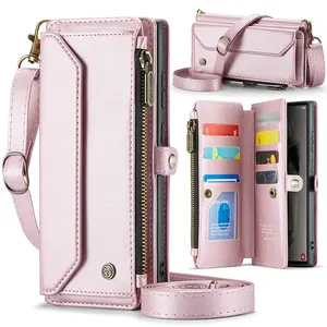 High end leather magnetic suction multi card groove crossbody zipper shoulder bag anti fall phone case iPhone 17 Pro Max 17 Air 16 Pro MAX 15 Pro 14PlUS 13 12 11 Pro Max long shoulder rope+short hand-held rope multifunctional bag protective cover New Year