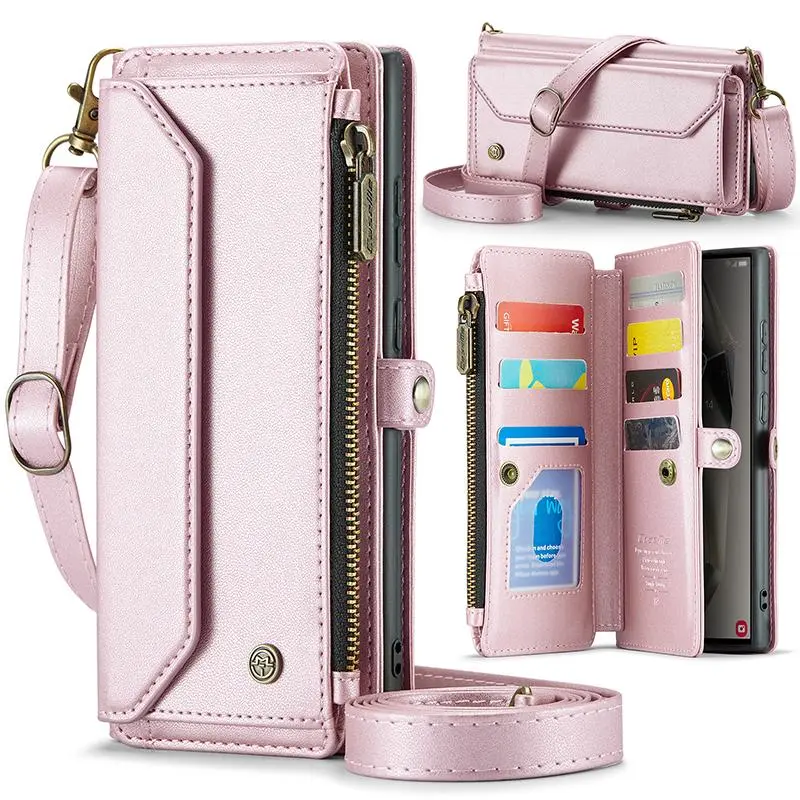 leather magnetic suction multi card groove crossbody zipper shoulder bag anti fall, Shockproof phone case iPhone 17 Pro Max 17 Air 16 Pro MAX 15 Pro 14PlUS 11 Pro Max long shoulder rope+short hand-held rope multifunctional bag protective cover New Year
