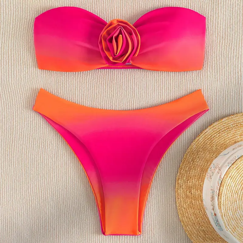 Women's 2-Piece Bandeau Bikini Set - Strapless Floral Gradient Padded Swimsuit Top, High-Stretch Bikini Outfits for Swimming