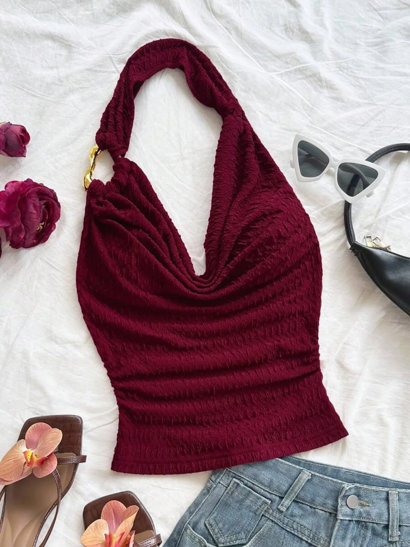 Burgundy Chic Halter Neck Strapless Tank Top for Women, Summer Tops Trendy, Halter Neckline, Summer Metallic Ring Design, Ruched Texture, Sexy Short Sleeve Top Nk-0004-603024
