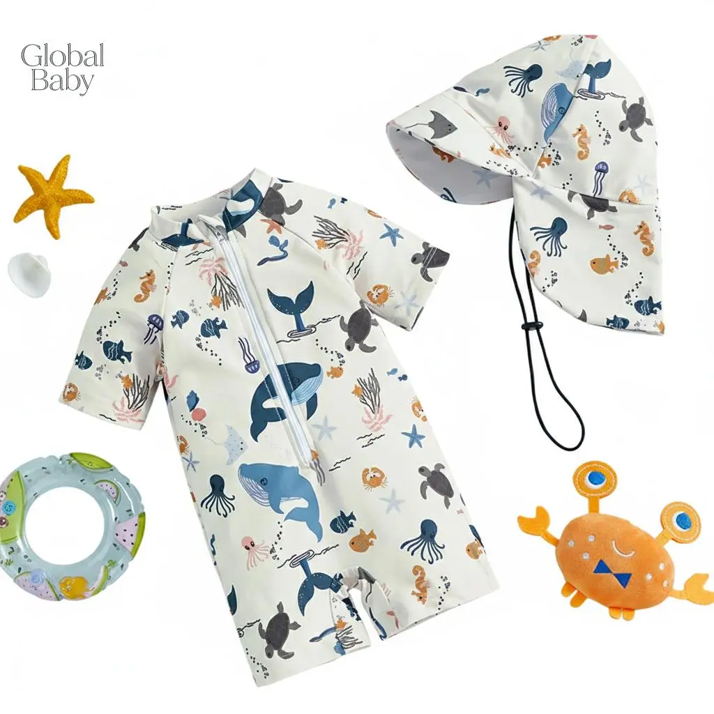 Global Baby Toddler Boys Swimsuit Sun Protection Short Sleeve Toddler Boys Rash Guard Swimsuits Short Sleeve Print Tops Shorts Hat Swimwear Animal Print Zipper Swimwear with Hat