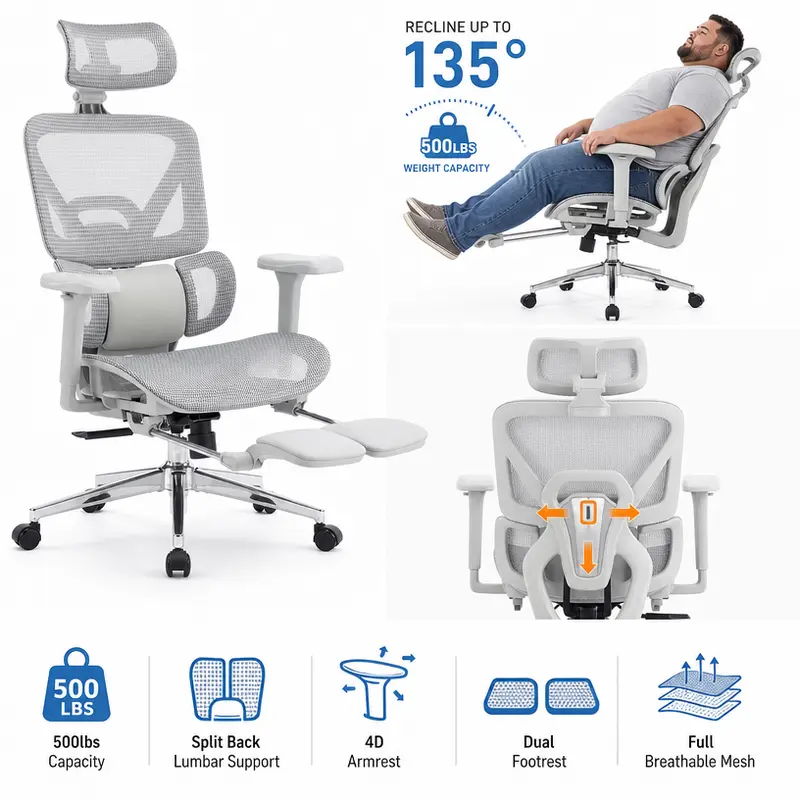 Airo mesh chair reclined to 135 degrees with dual footrest extended, 500 lb weight capacity