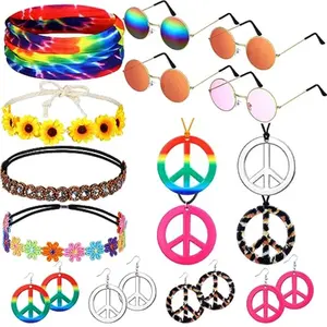16 Pcs Hippie Costume Accessories for Women 60s 70s Accessory Set Includes Headband Hippie Sunglasses Peace Sign Earrings and Necklace Jewelry Outfits Men Women Costume Party Supplies