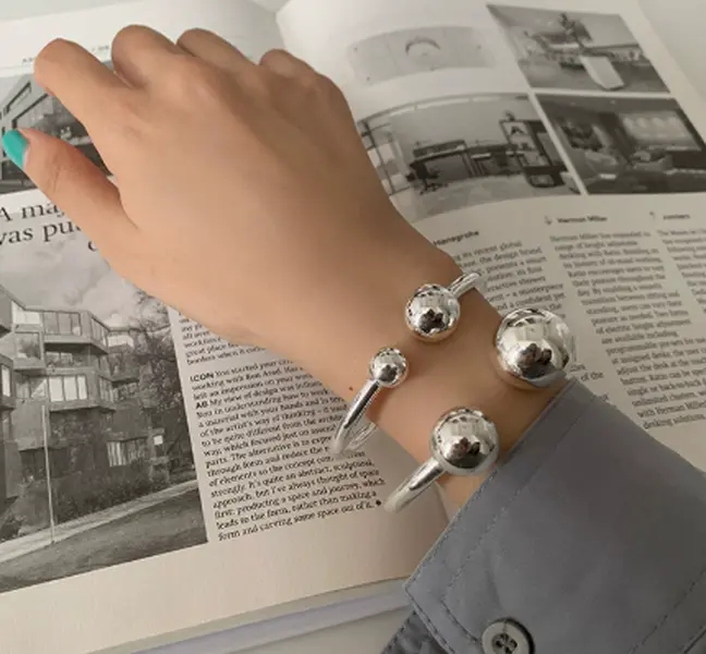 925 Sterling Silver Simple 2-Ball Design Lady Bangle, No-Fade Elegant Versatile Wholesale Fashion Jewelry, Ideal Girlfriend Gift