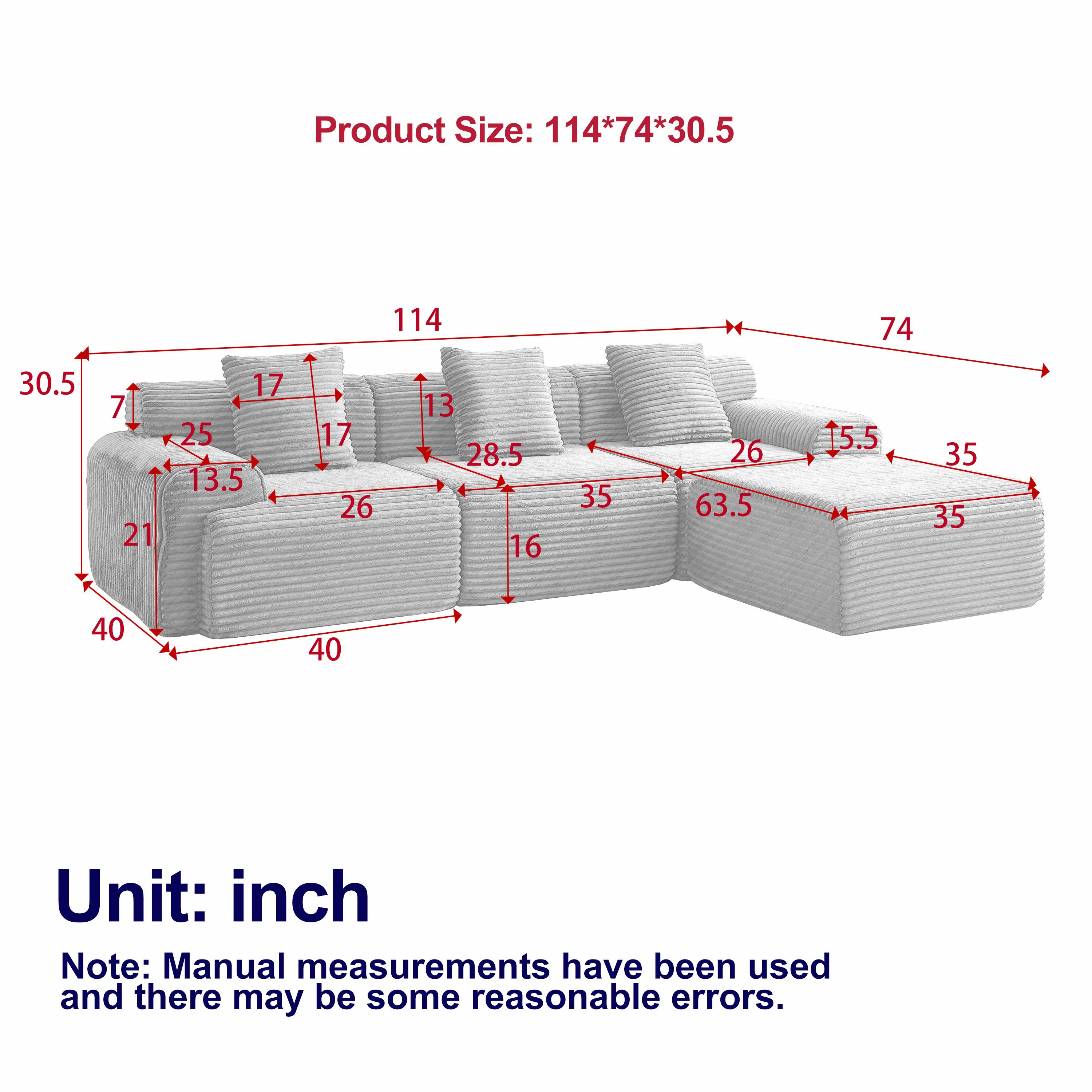 114 Inch Corduroy Modular Sectional Sofa Boneless Couch with Inlaid Structural Design, 4 Freely Configurable Modules, Extra Wide Backrest and 3 Throw Pillows, Modern Upholstered Cloud Sofa for Living Room and Apartment