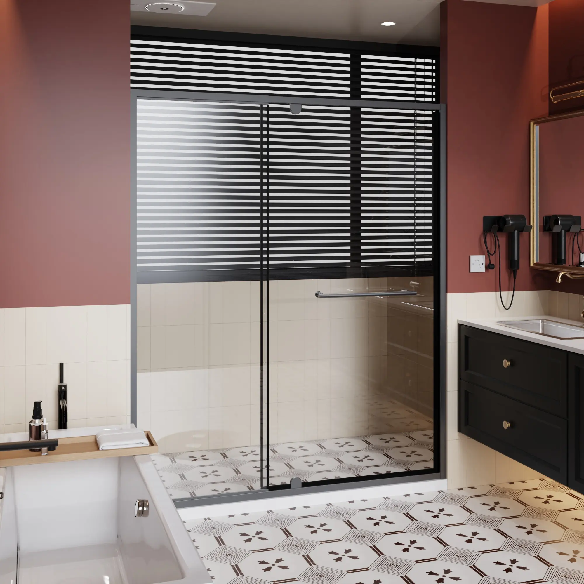 60"W x 72"H Modern Pivot Shower Door, Clear Tempered Glass, Matt Black Finish, Reversible Installation, Waterproof Bathroom Shower Door