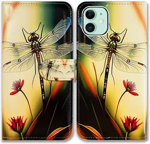 Case for iPhone 12, Case for iPhone 12 Pro,Colorful Dragonfly Leather Flip Phone Case Wallet Cover with Card Slot Holder Kickstand for iPhone 12 / iPhone 12 Pro