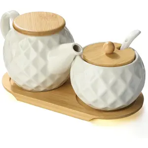 Ceramic Creamer and Sugar Sets 12oz Cream Pitcher 7.5oz Sugar Bowl with Tray Spoon and Lid for Cream Sugar Spices Condiments Coffee and Tea Accessories