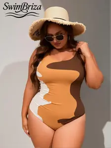 Briza｜One Piece Swimsuit In Sand Beige Brown White Color Block, Plus Size Swimwear And Plus Size Swimsuits With Tummy Control Swimwear Shape, Bathing Suits For Women As Vacation Swimwear For Women, Shapewear Swimsuit Beach Confidence
