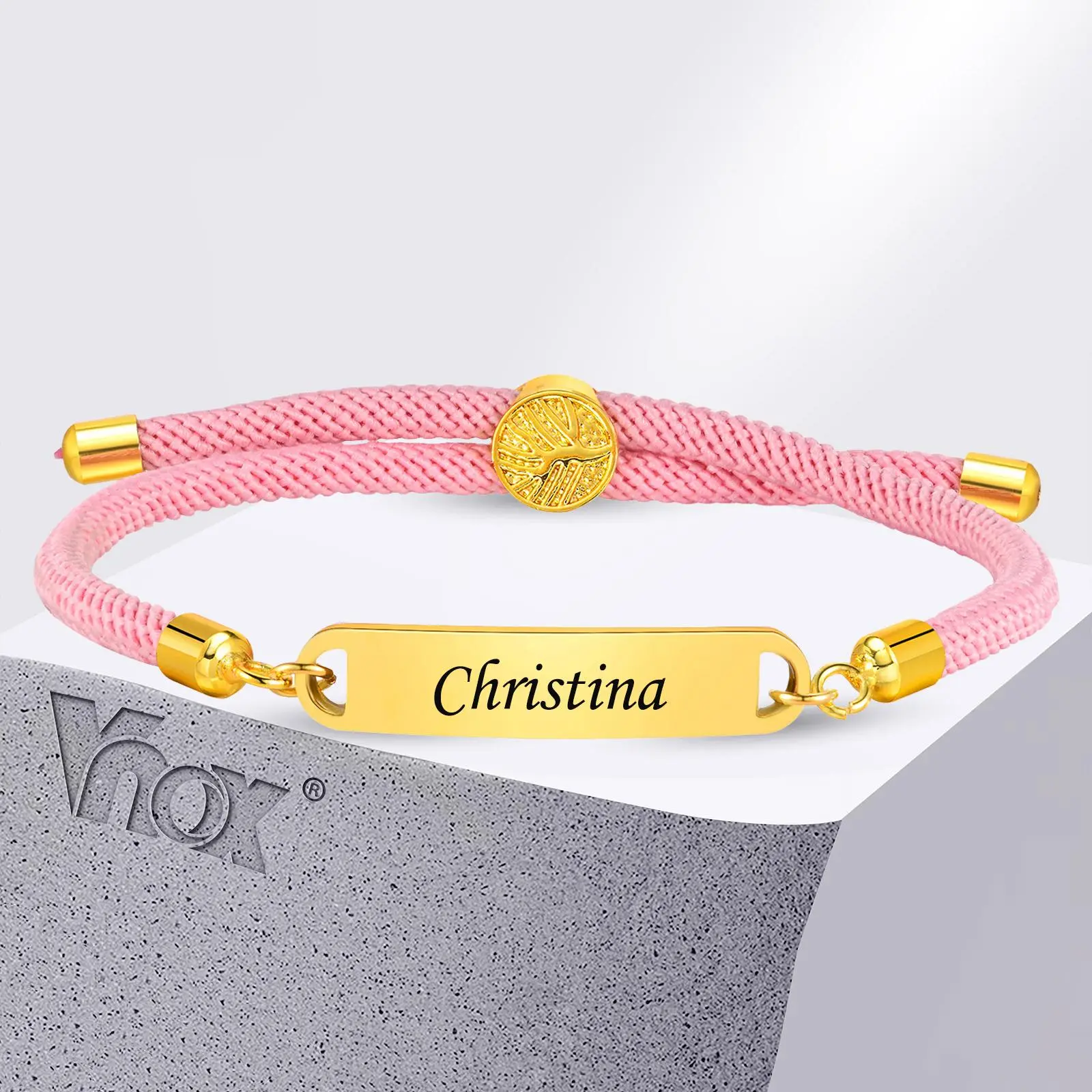 Vnox Free Custom Pink Bracelets for Women Girls,Adjustable Milan Rope Bracelets Life Tree Clasp,Engrave Name Date Bracelets Gift
