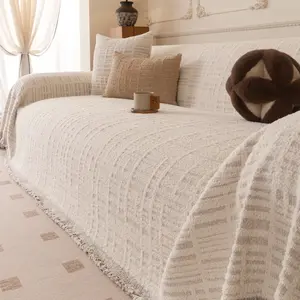 Vintage Simple Design Sofa Cover, Bohemian Pure Color Geometric Pattern, Soft Skin-Friendly Non-Slip Sofa Protector, Pet Friendly, Sofa Slipcover