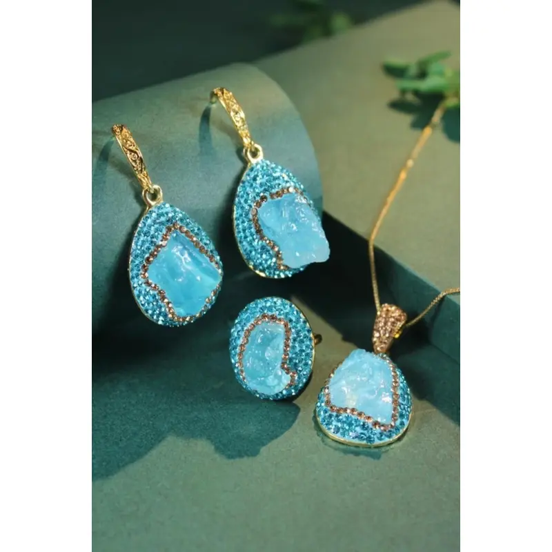 A106Blue Dopamine Jewelry Set - Irregular Stacking Ring Earring Necklace Set